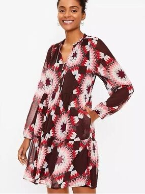 LOFT Printed Bohemian Tiered Long-Sleeve Shift Dress - Burgundy & Pink